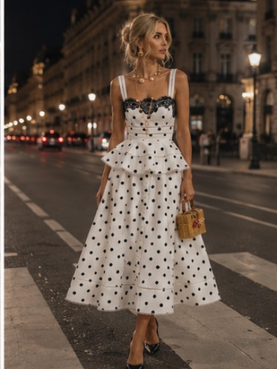 Self-Portrait Dresses & Skirts - Self-Portrait White Polka Dot Midi Dress with Black Lace Trim
